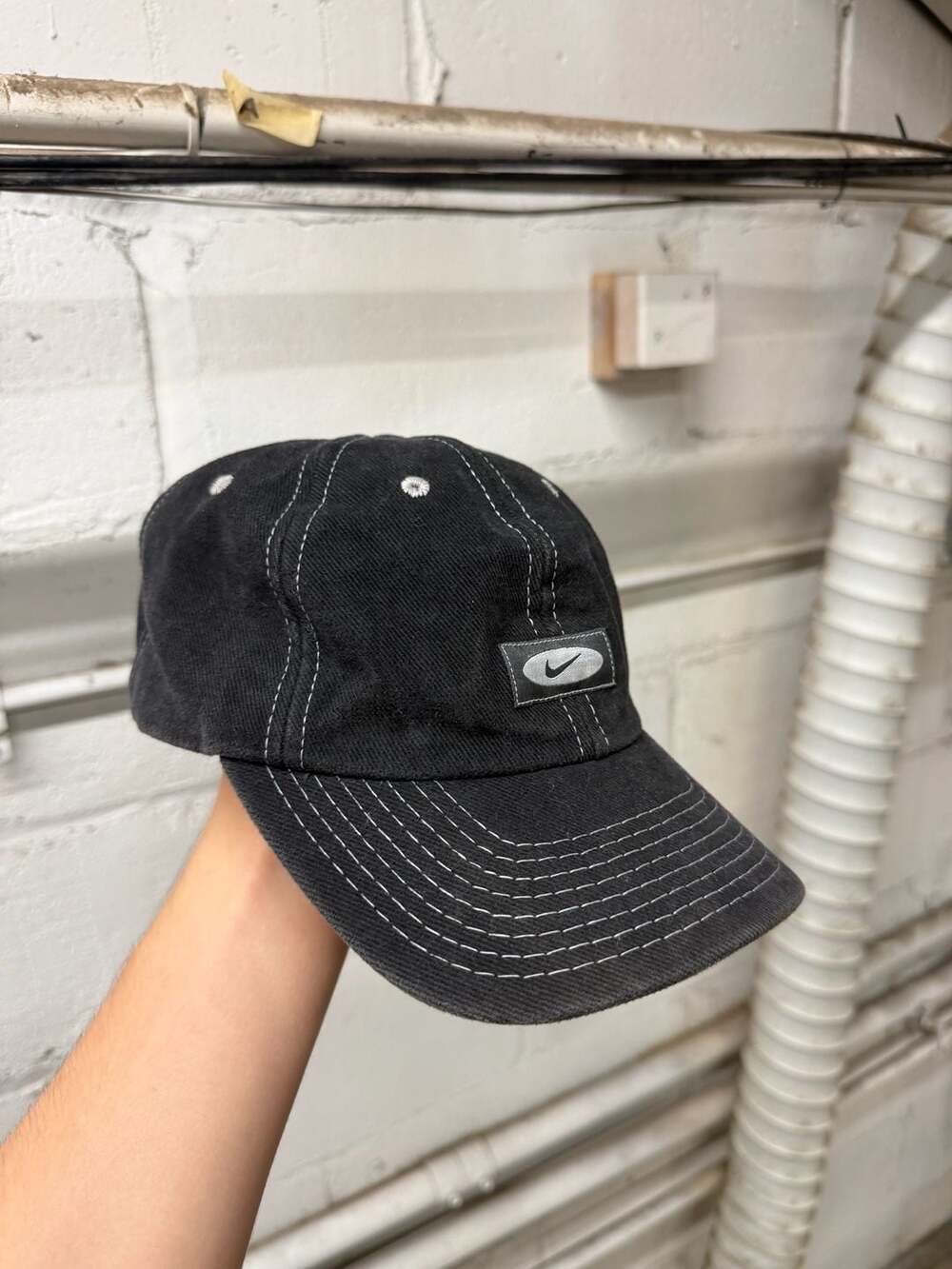 Vintage Nike Hat Cap Black Contrast Stitching Rubber Patch
